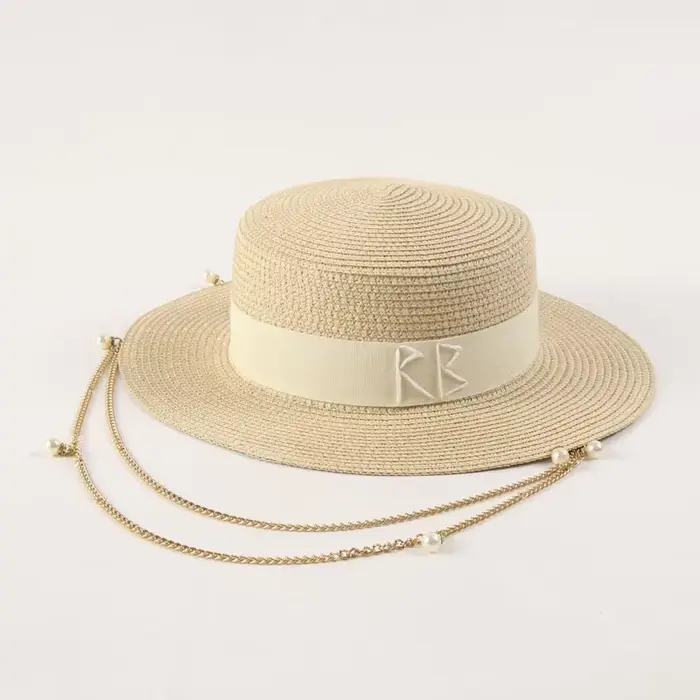 Offres spéciales à la mode métal RB lettre chapeaux de paille pour femmes hommes été vacances en ple