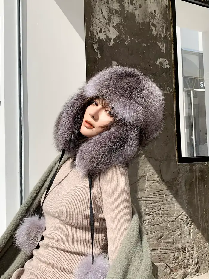 Chapeau de bombardier en fourrure de renard argenté véritable unisexe pour homme et femme pour l'hiver et les occasions extérieures