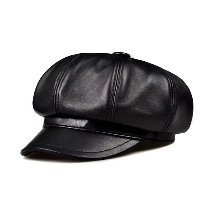 Chapeau octogonal rétro en cuir véritable pour hommes, béret en cuir de mouton, décontracté, mode ét