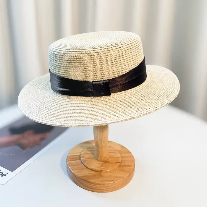 Les quatre saisonsRetro HatPanamaFlatBrimmed Sun Hatbucket Hat Protection UV Sun Hat pour plage MiniBow Vacances Chapeau de paille fait à la main