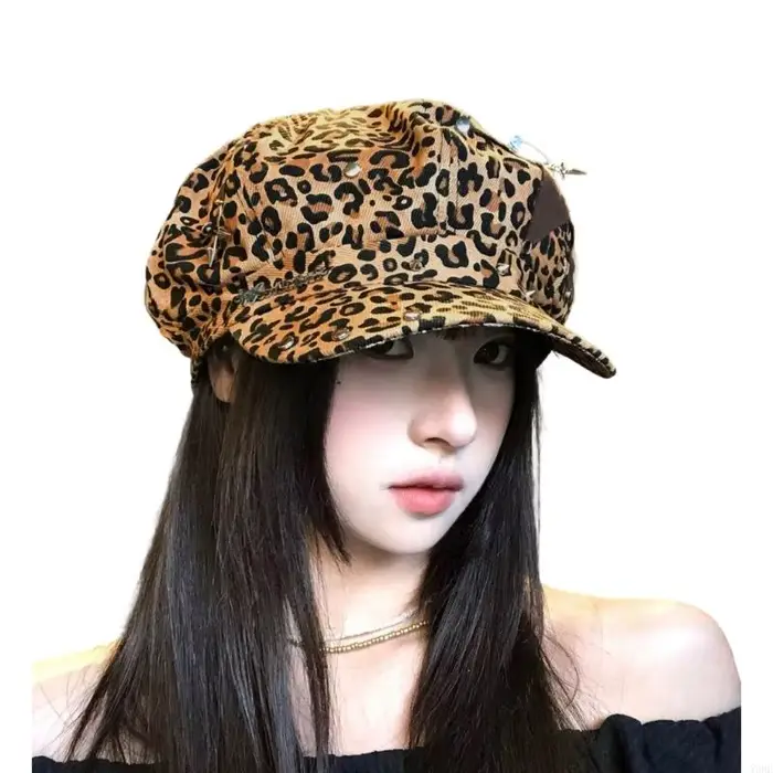 Béret imprimé léopard moderne pour femmes, chapeau à larges bords, accessoires tenue à mode, Y08E