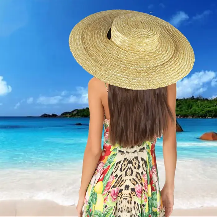 Chapeau de canotier à large bord pour femme, chapeau de paille à bord plat pour femme, chapeau de so