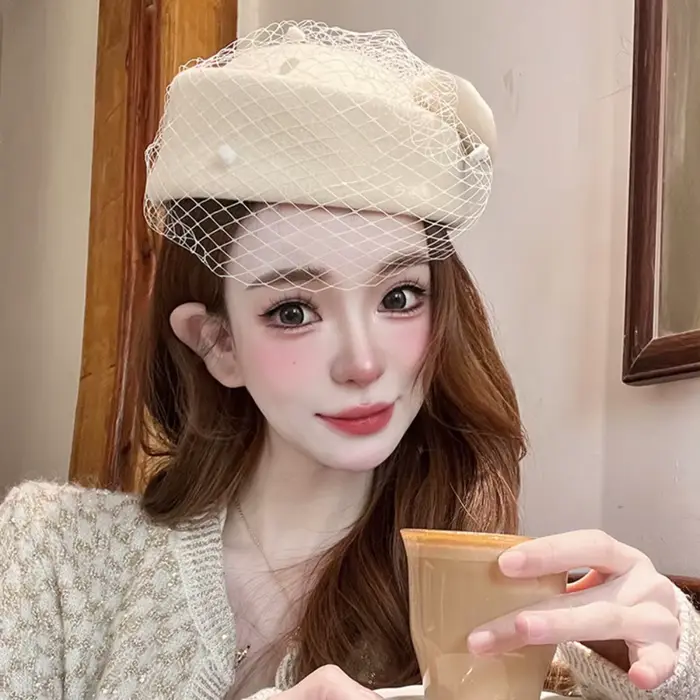 Chapeau à nœud en laine de Style britannique Vintage avec voile