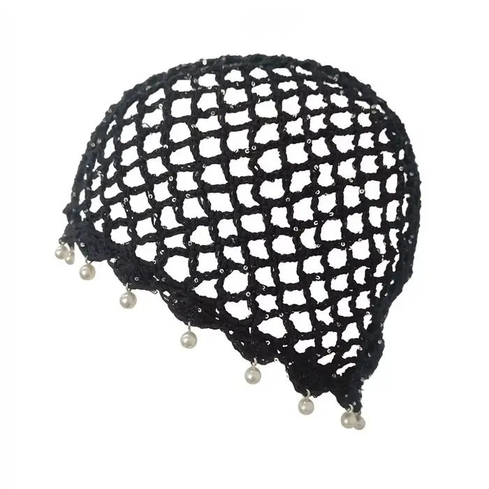 Bonnet tricoté ajouré décontracté avec perles et franges, respirant, style rétro, pour femme, été