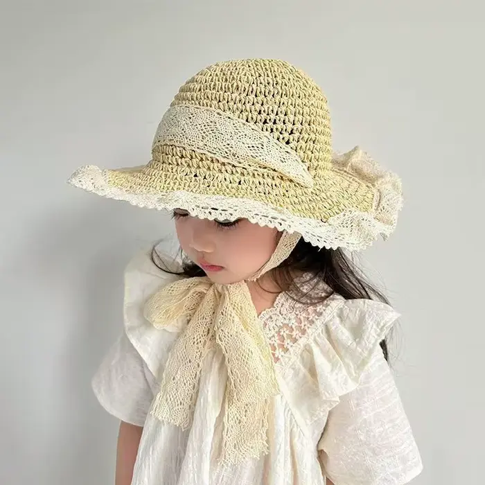 Chapeaux de paille en dentelle pour enfants, chapeau de soleil pour filles printemps-automne, casque