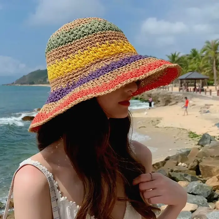 Chapeau de paille arc-en-ciel femme été pare-soleil à la main au Crochet grand bord seau chapeau dam