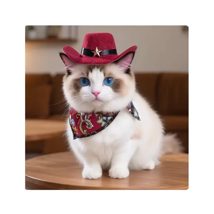 Ensemble Chapeau de Cowboy Chat Bleu Rétro