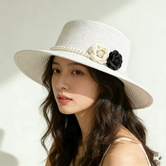 Chapeau de paille rétro de style français avec décoration en perles