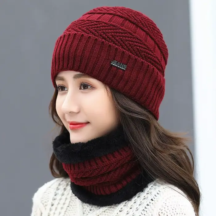 Hommes femmes hiver bonnet chapeau écharpe décontracté thermique polaire tricoté