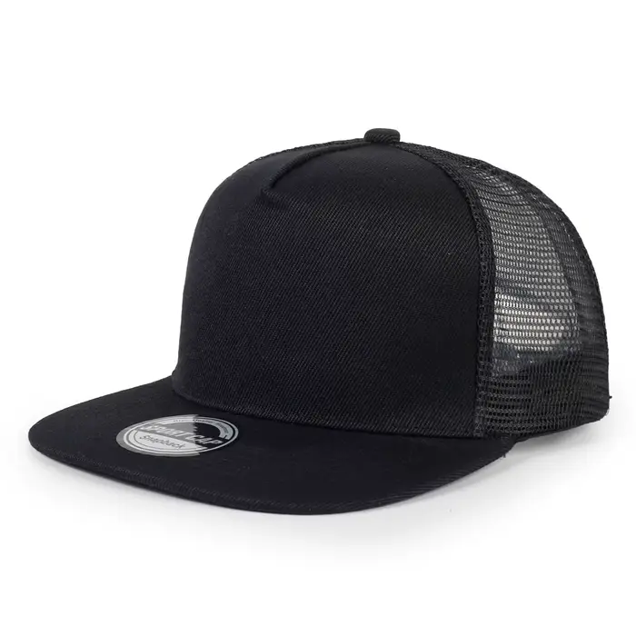 Casquettes en maille à bord plat de couleur unie avec logo imprimé personnalisé, lot de cinq pièces,