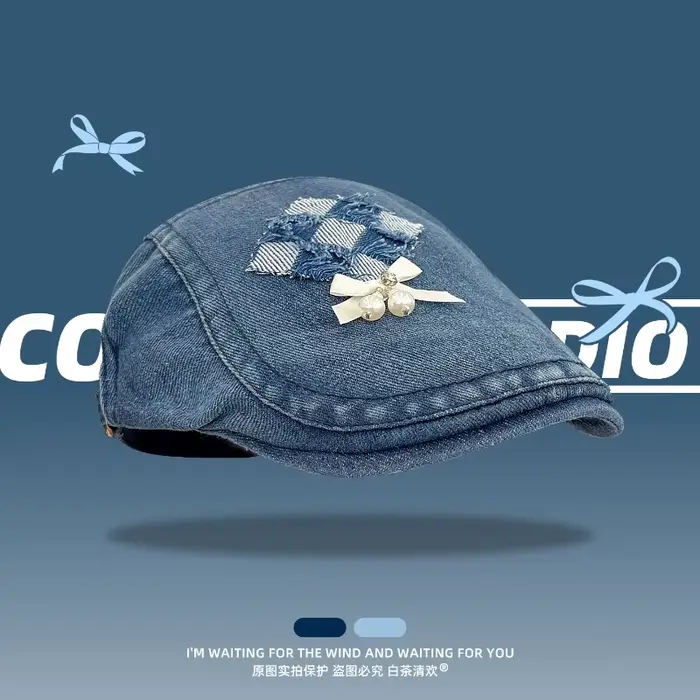 Niche damier Plaid brodé nœud avant chapeau printemps et automne mode polyvalent à bord court Denim 