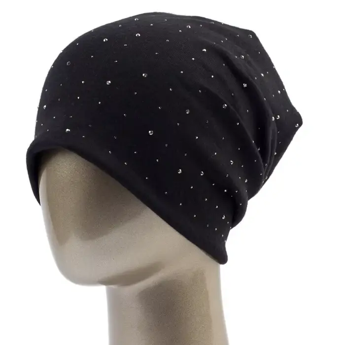 Geebro Bonnet femme avec strass dames printemps couleur unie coton tricoté bonnets amples Bonnet fem