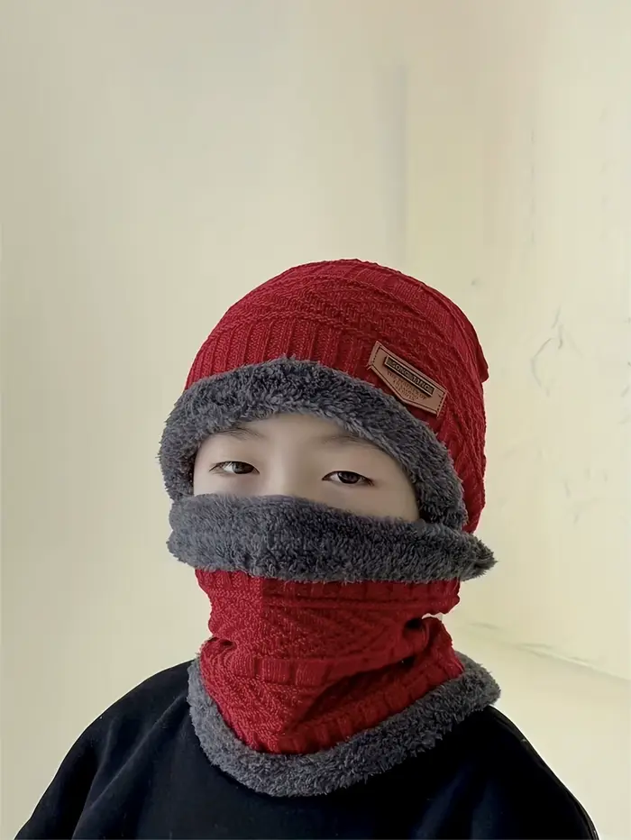 Ensemble de bonnets chauds épais pour garçons, 2 pièces, avec écharpe, bonnet tricoté, adapté à l'ex