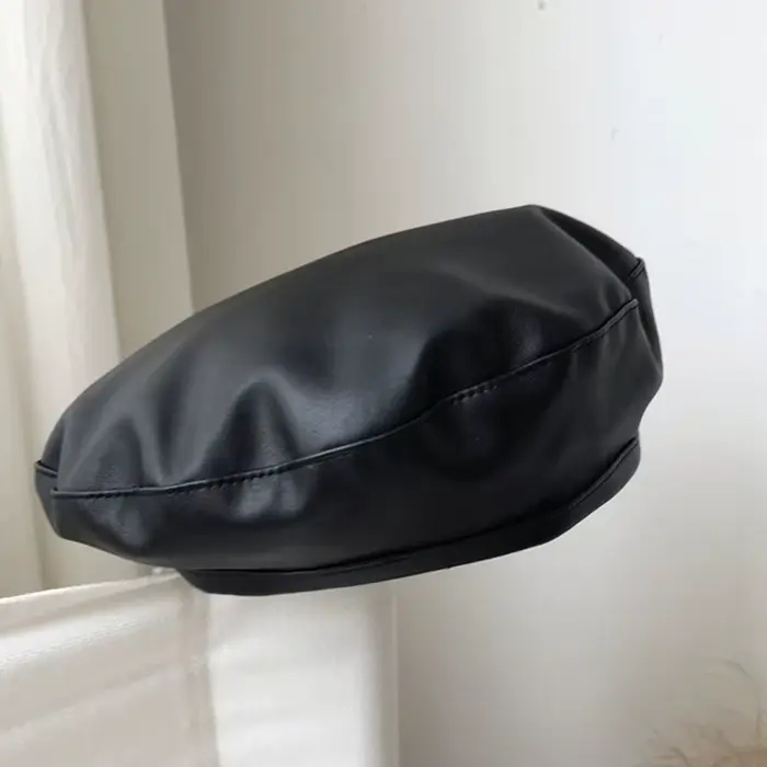 Béret rétro en cuir PU pour femmes, couleur unie, casquette octogonale coupe-vent décontractée, élég