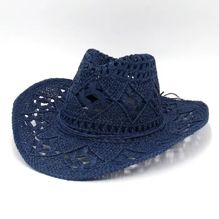 Chapeau de paille bohème ajouré tendance, style vintage, à large bord, pliable, avec décoration coqu