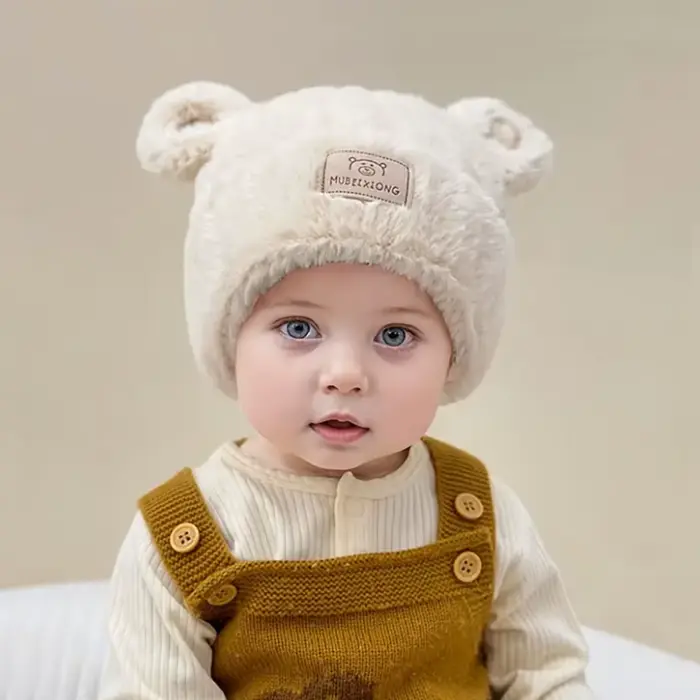 Chapeau d'hiver pour bébés garçons et filles de 1 à 4 ans – Bonnet en tricot beige doux avec oreillettes d'ours