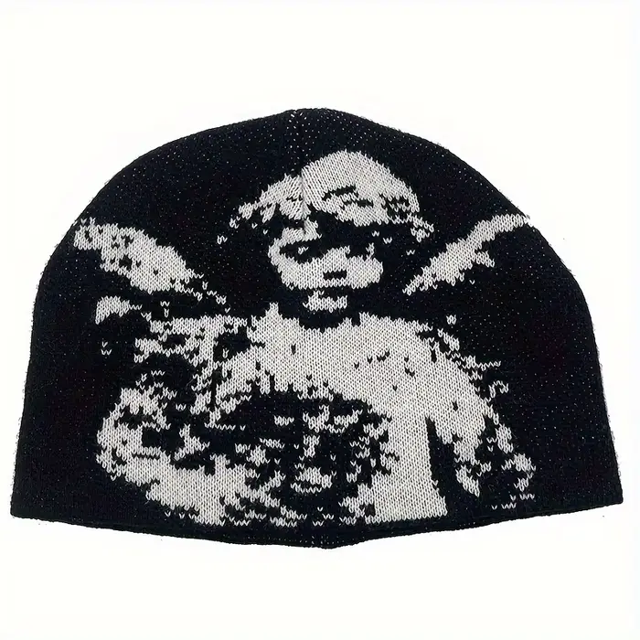 Bonnet Jacquard Angel noir et blanc sans bords, chapeau d'hiver pour femmes et hommes, bonnet gothiq