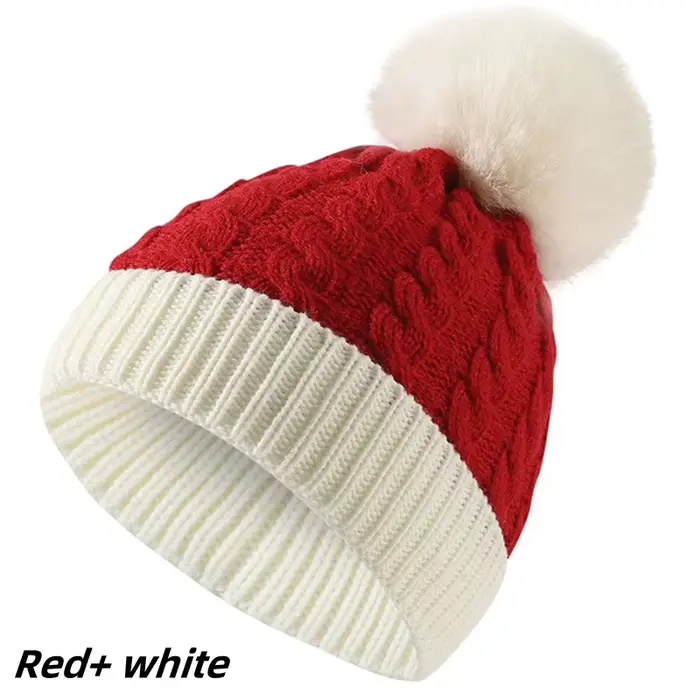 Adulte enfants noël Santa laine chapeau hiver chaud Crochet bonnets Skullcap femmes pompon casquette