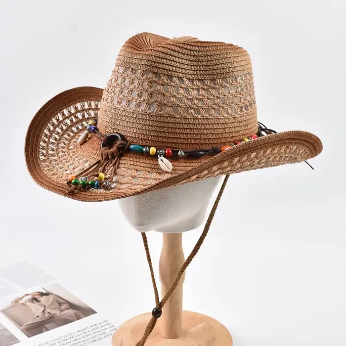 Chapeau de cowboy en paille style bohème protection solaire ajouré plage été pour femmes et hommes occassions estivales