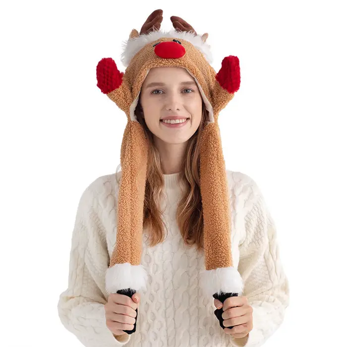 Chapeau de renne en peluche mignon avec oreilles sautantes, casquette de Costume d'animal de noël po