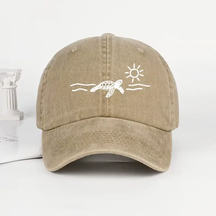 Casquette de baseball vintage délavée avec imprimé tortue, soleil et vague, casquette unisexe idéale