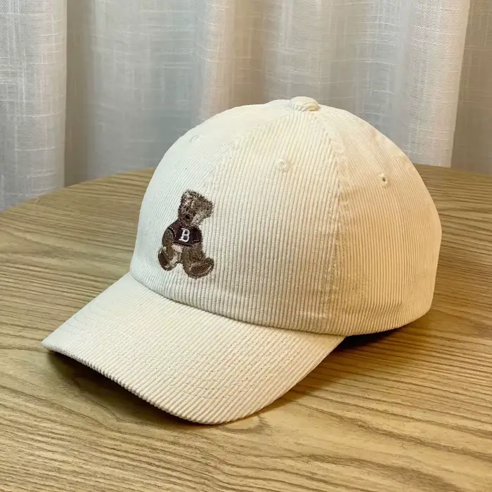 Casquette de baseball brodée ours mignon, respirante, à large bord, en velours côtelé, réglable, pou