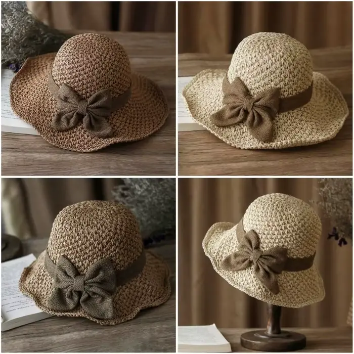 Chapeau de paille tressé vintage respirant pliable avec nœud