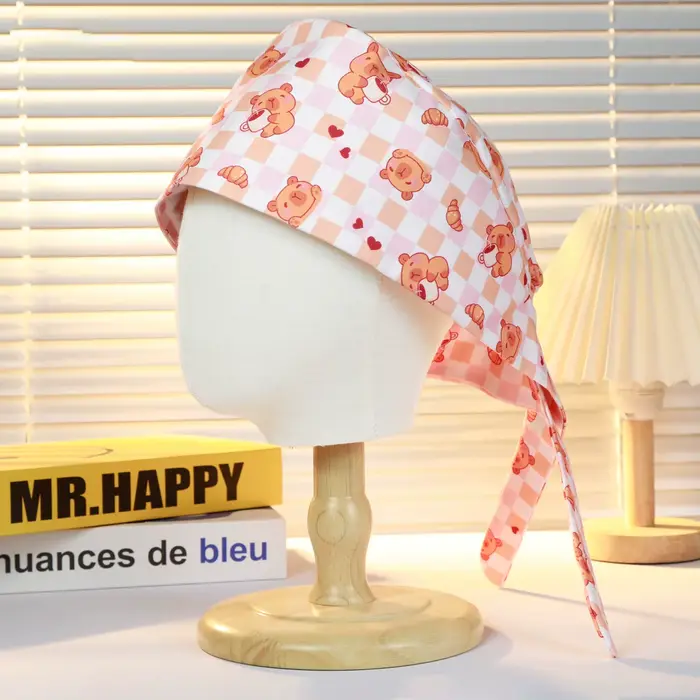 Bonnets chirurgicaux unisexes en coton épais à motifs de dessin animé rose pour hommes et femmes, ajustables et adaptés aux quatre saisons, idéaux pour les infirmières et professionnels de la santé