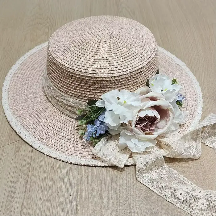 Chapeau de paille d'été pour femmes, nouveau style, décoration florale, frais, haut plat, grand bord
