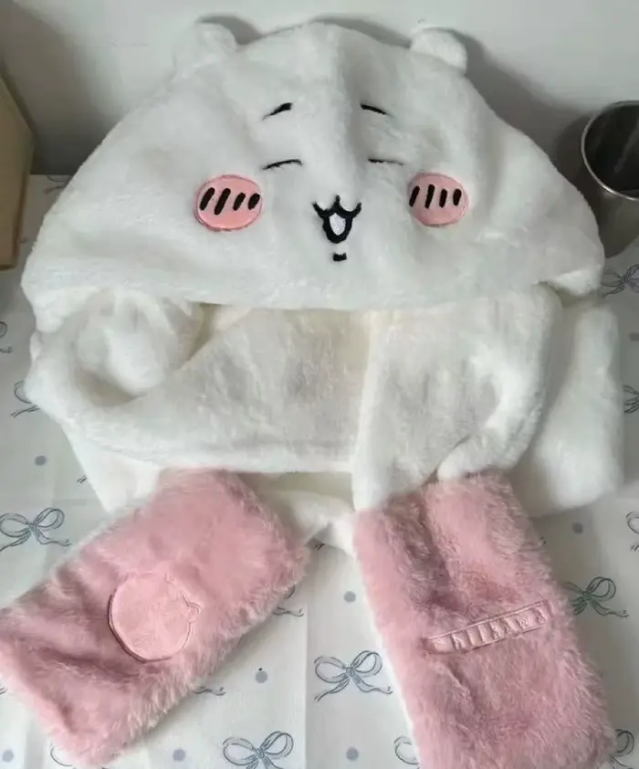 Ensemble trois pièces bonnet et écharpe Hachiware Usagi, en peluche, anti-froid et chaud, épaissi, m