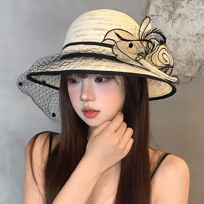Chapeaux Bob en Dentelle Française Hepburn pour Femme, Style Anglais, avec Fleur en Dentelle, Élégan