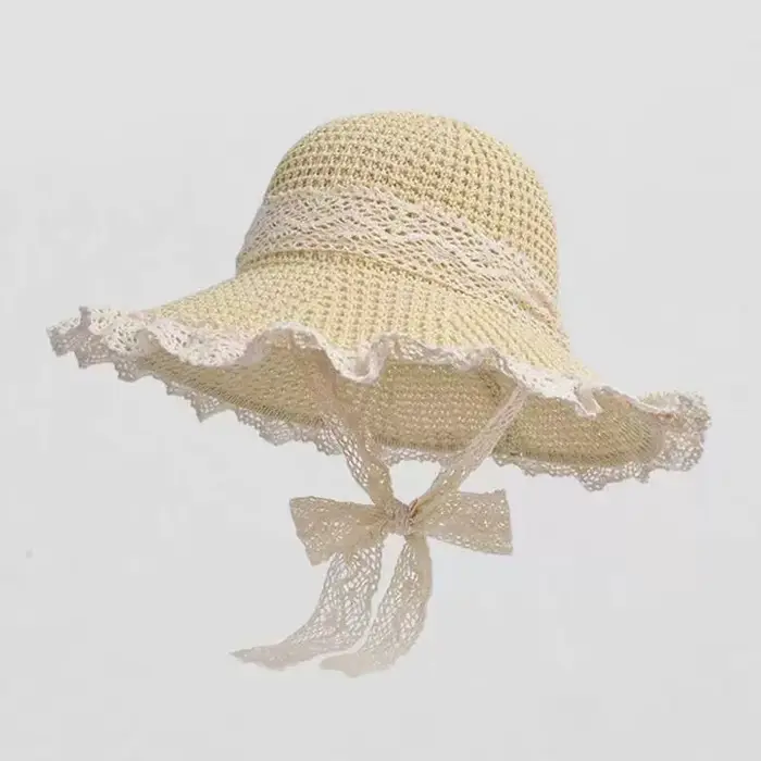 Chapeau de paille à large bord pour femme, avec nœud floral, style coréen, protection solaire estiva