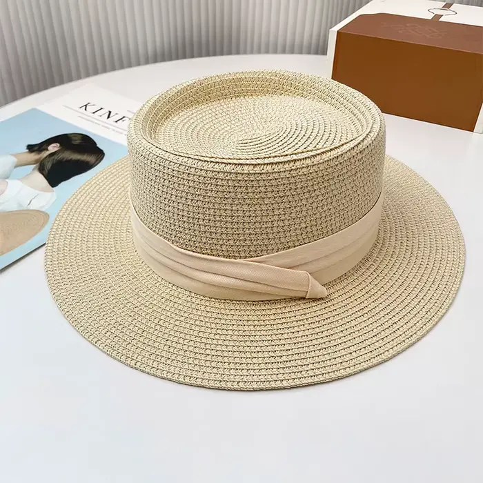 Chapeau de paille à dessus plat de haute qualité, chapeau de paille français, chapeau pare-soleil d'