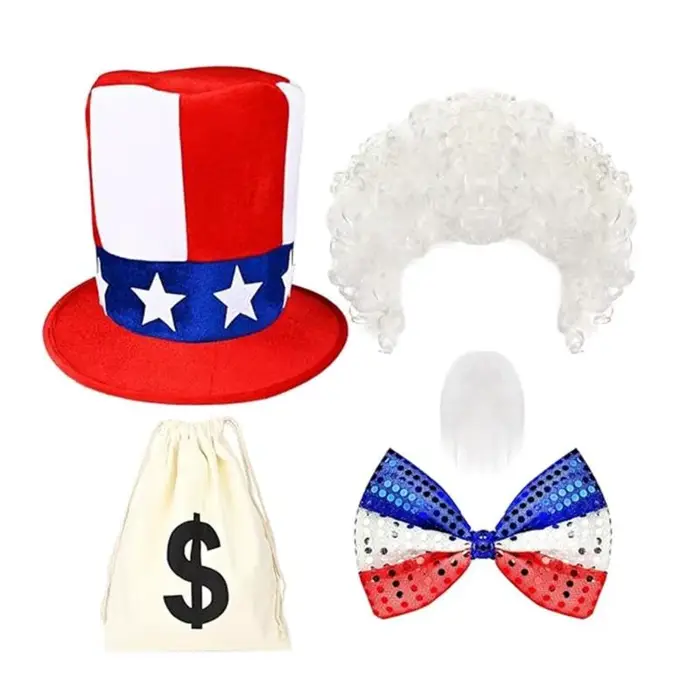39BD – Costume patriotique pour hommes adultes, accessoires avec chapeau, barbe, perruque à nœud pap
