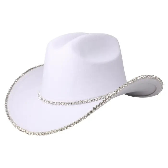 Chapeau de cowboy élégant et simple orné de strass, avec bandeau scintillant en strass, chapeau en f