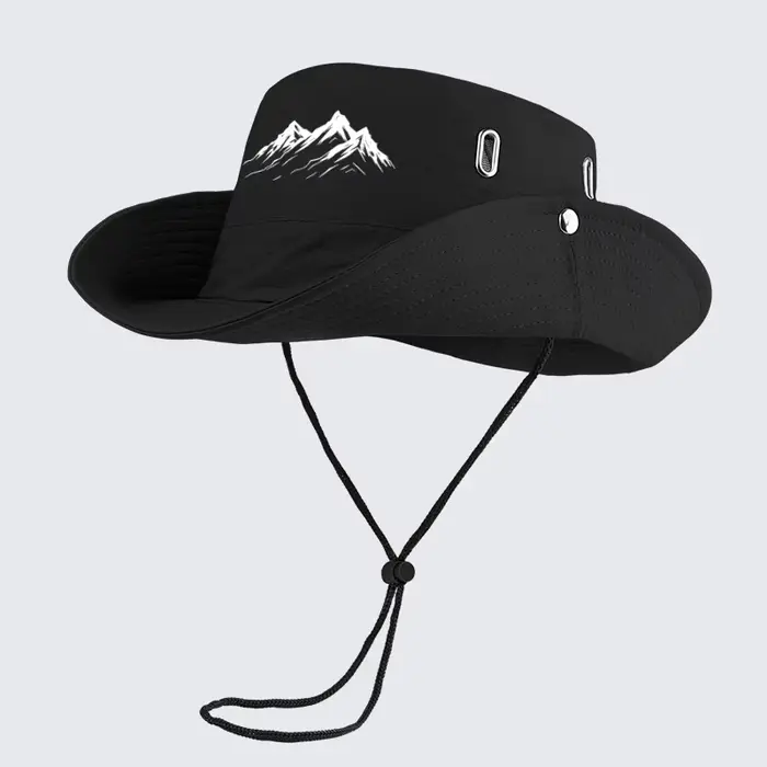 Chapeau de soleil d'extérieur à imprimé montagne - Bob respirant à large bord avec sangle sous le menton - Idéal pour la randonnée et le camping