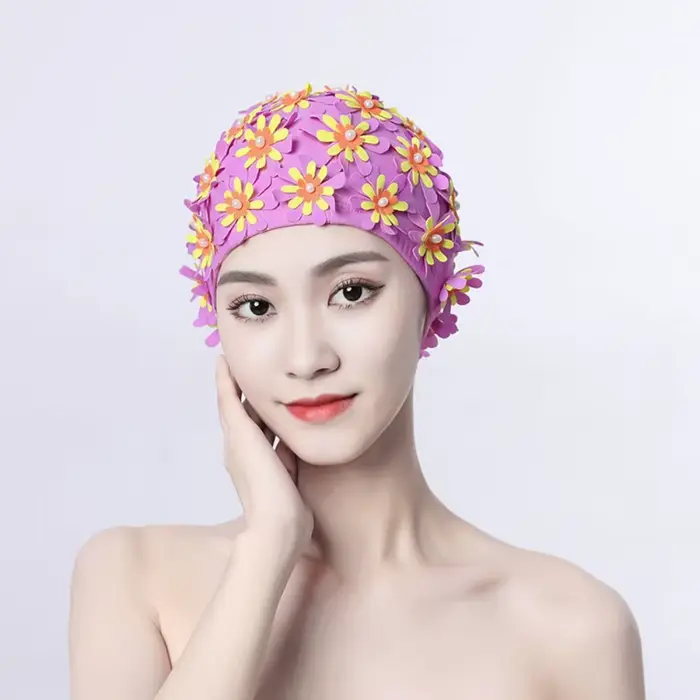 Bonnet de bain floral perlé à pétales, pour cheveux longs, respirant, style vintage, accessoires de 