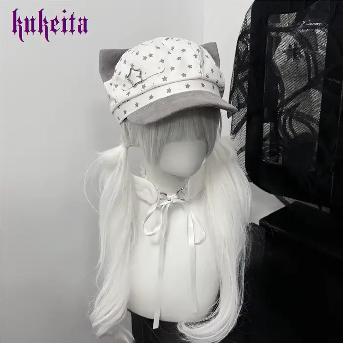 Kukrita Harajuku Y2K – Chapeau à oreilles de chat bleu et blanc, style japonais Kawaii, pour femmes 