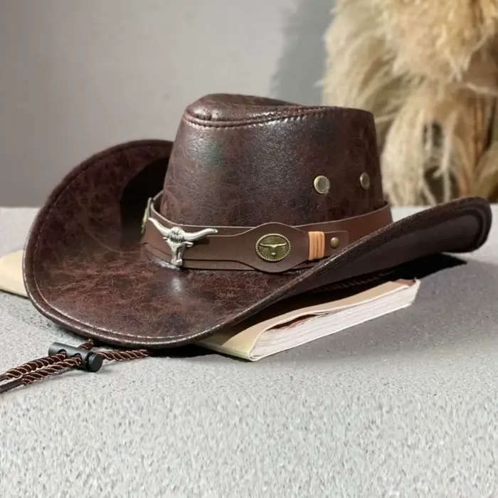 Chapeau de cowboy western vintage rétro à large bord avec boucle tête de taureau, en similicuir, pou