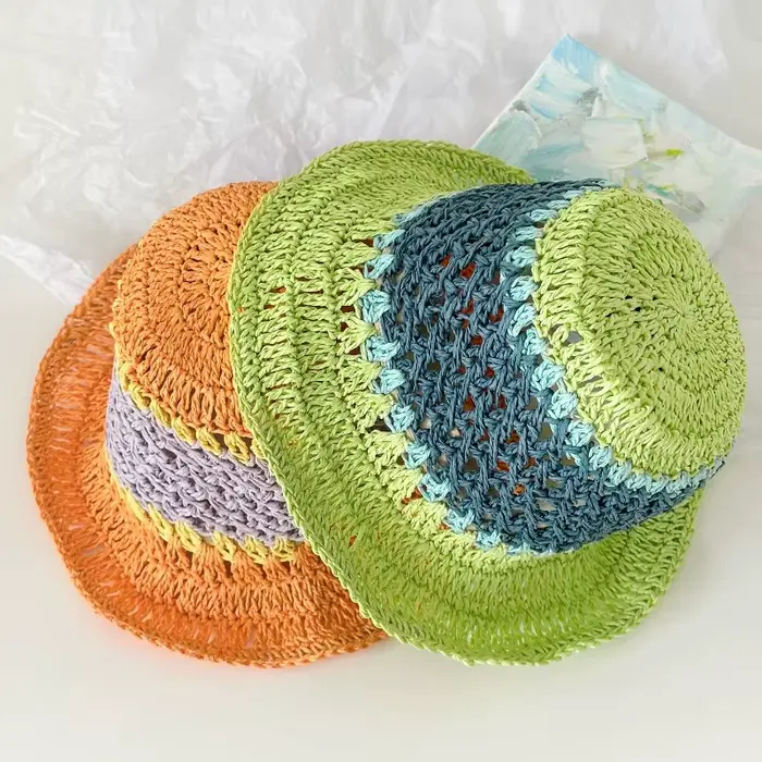 Chapeaux Bob en Paille Raphia Rayés Arc-en-ciel d'Été pour Femme