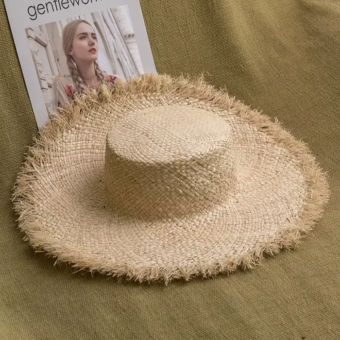 Chapeau de plage en raphia naturel fait à la main pour femme, couvre-chef en paille à large bord, pr