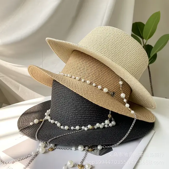 Chapeau de bateau en paille avec chaîne de perles pour femmes