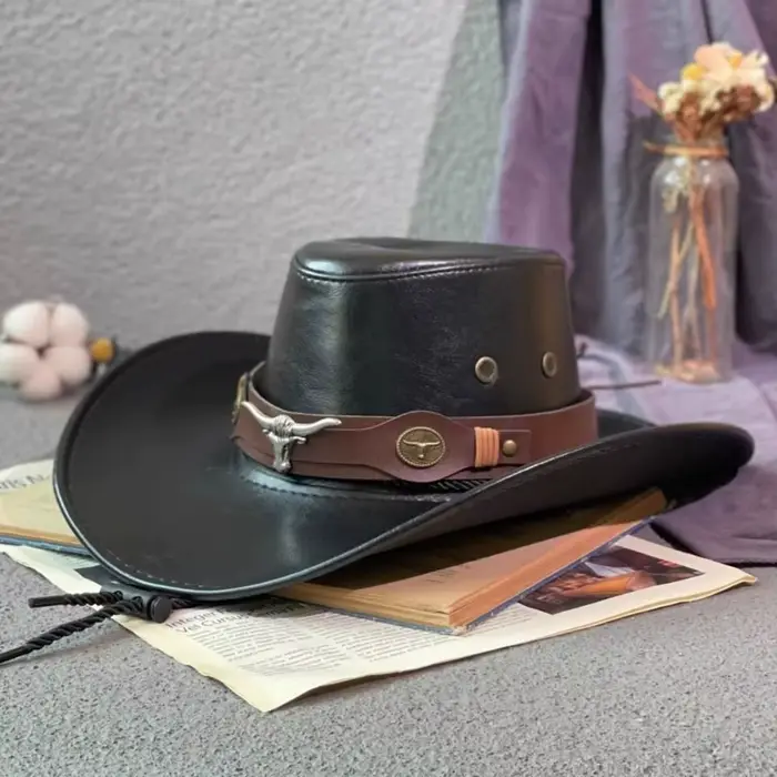Chapeau de cowboy western en cuir PU avec cordon de serrage