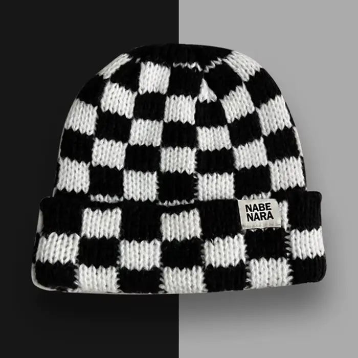 Chapeau tricoté à carreaux en damier pour femmes, automne et hiver, chapeau en laine de Style coréen