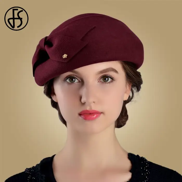 FS bérets français casquettes pour femmes mode 100% laine feutre Fedora chapeau hiver bleu violet rouge église femme Vintage Cloche chapeaux