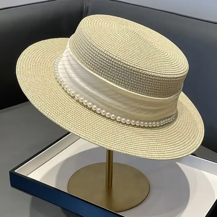Chapeaux de soleil plats avec chaîne de perles pour femmes, Chapeau de paille Panama à large bord, A