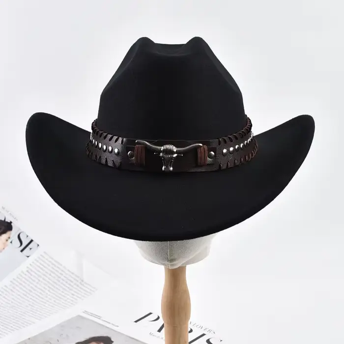 Rétro taureau tête de bœuf Rivet bande de cuir Western Cowboy chapeau unisexe retrousser bord Cowgirl Jazz
