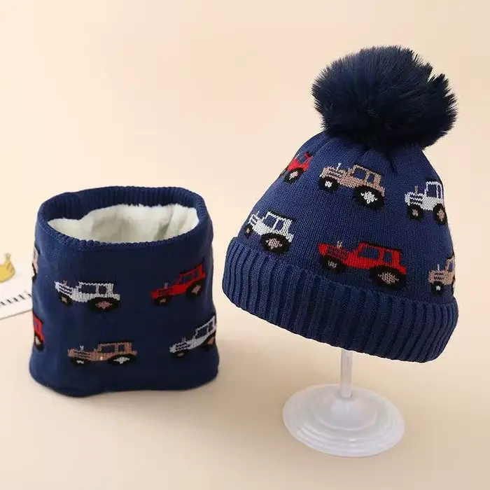 Ensemble chapeau et écharpe en tricot pour enfants, casquette d'hiver à rabat d'oreille à motif de v