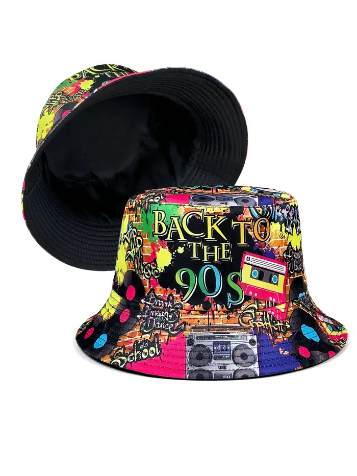 Chapeau Bob Rétro Graffiti Années 80 90 pour Hommes et Femmes Protection Solaire UV Chapeau de Pêcheur Amusant et Pliable pour l'Été Printemps Plage Activités de Plein Air