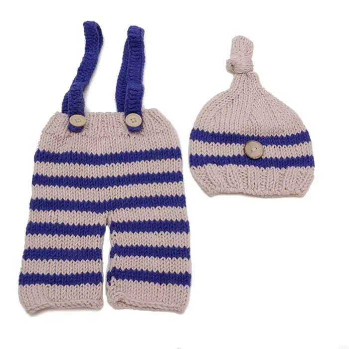 Chapeau et combinaison tricotés à rayures pour bébé, nouveau-né garçon, Costume en tricot au Crochet